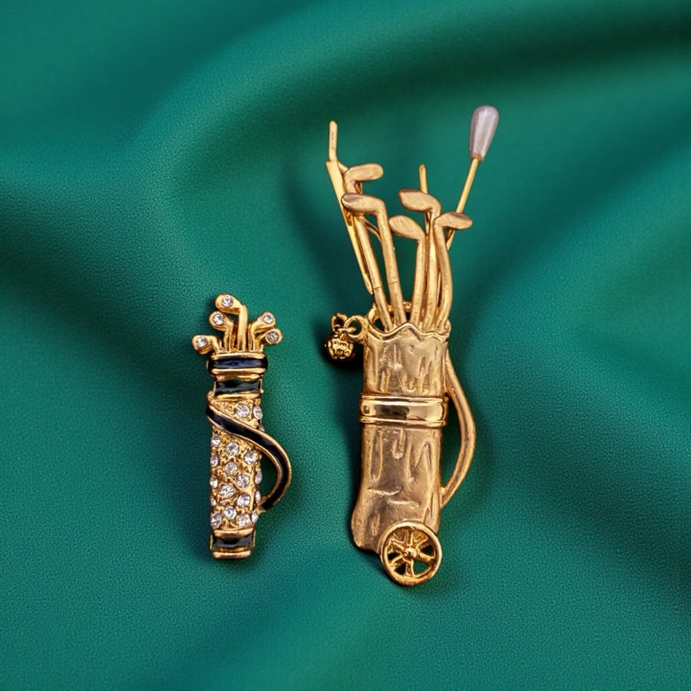 Vintage Golf Bag Brooch Lot (2) | Rhinestone & Gold Tone Figural Pins